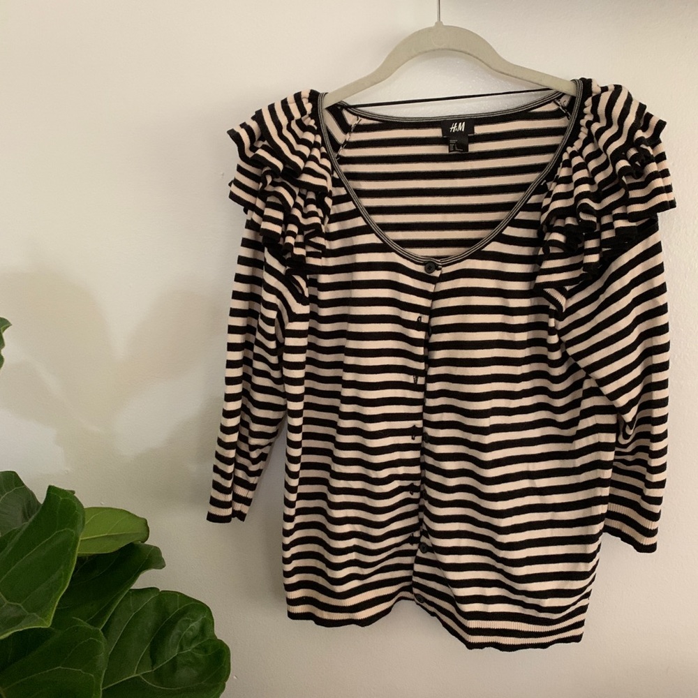 Women’s Black and White H&M Stripe Ruffled Blouse